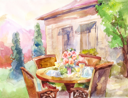 lunch on vacation in the mountains. Watercolor illustrationの写真素材