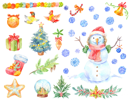 Watercolor Christmas stickers. Set of hand-drawn decoration. Snowman, snowflakes, holly and other winter elements. の写真素材