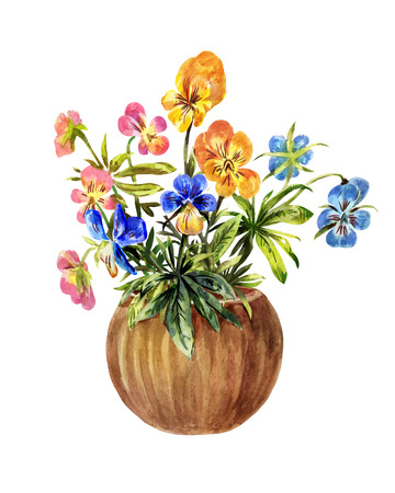 Watercolor illustration of pansies in a brown pot isolated on whiteの写真素材