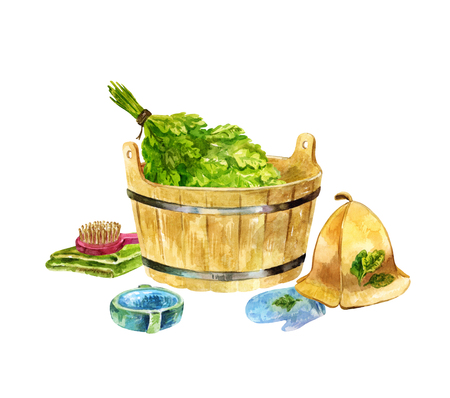Watercolor still-life with bath accessories. Wooden basin, oak broom, felt cap, comb and towel isolated on whiteの写真素材