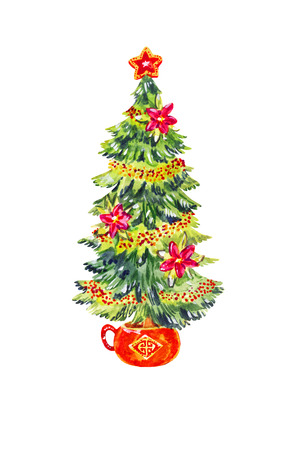 Christmas tree in the pot. Watercolor new year postcard or illustrationの写真素材