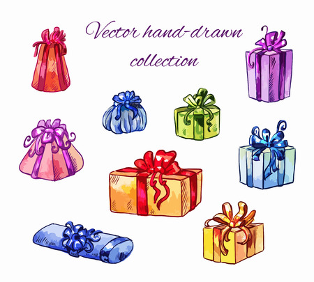 Set of vector gifts in different bright wrappers isolated on white. Hand-drawn icons or elemets for holiday designのイラスト素材