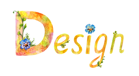 Painted watercolor word "design". Summer decorative lettering isolated on whiteの写真素材