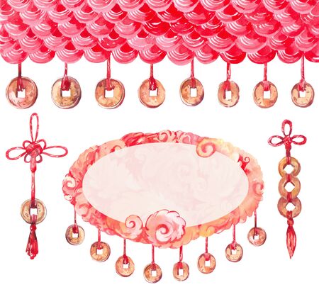 Chinese new year watercolor elements isolated on white.  Red knots and coins with a square holeの写真素材