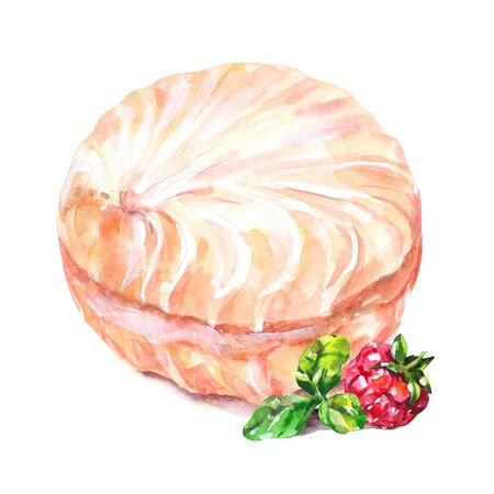 Watercolor twisted marshmallow with raspberry. One cream zefir, vintage illustrationの写真素材