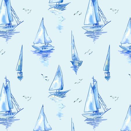 Blue boats wallpaper, scrapbooking paper or seamless wrapping. Vector sailboats backgroundのイラスト素材