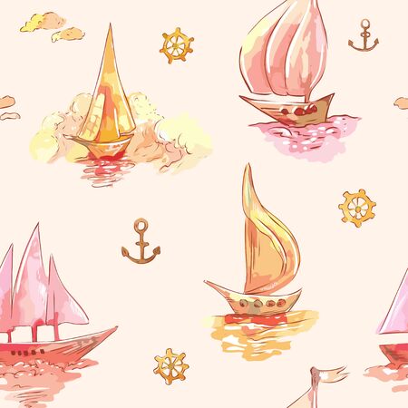 Sailboats. Pink sunset wallpaper. Vector hand-drawn seamless backgroundのイラスト素材