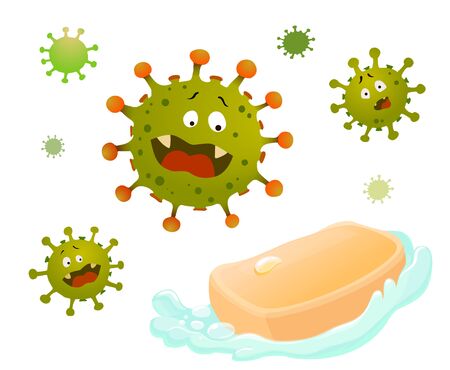 Soap kills coronavirus cells. Detergent and disinfectant. Infection prevention. Vector antibacterial concept.