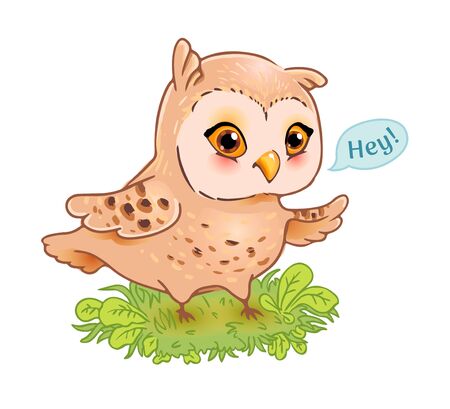 Vector funny owl for print, sticker. Kids cute illustration. Lovely bird says Heyのイラスト素材