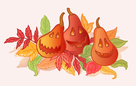 Three carved pumpkins. Cool illustration for Halloween. Vector autumn pattern suitable for stickers, pictures, and other merchのイラスト素材