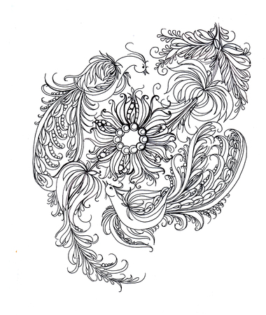 Contour drawing. Coloring. Petrikovskaya paintingの写真素材