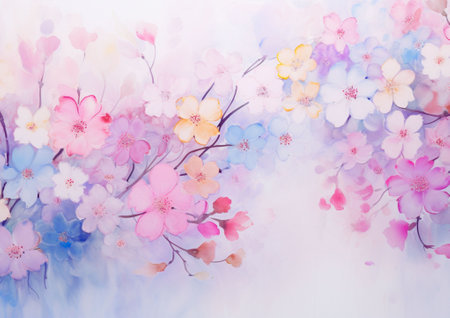 Cherry blossom spring flowers background. Watercolor hand drawn illustration.の素材