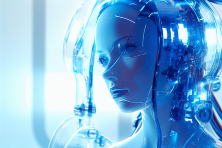 3d rendering of female robot with artificial intelligence in blue light backgroundの素材