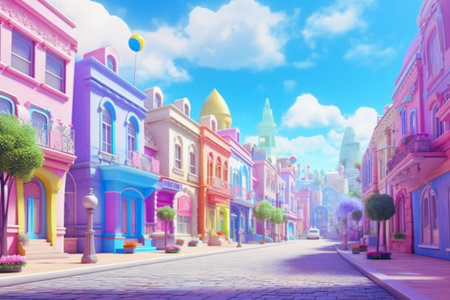 Colorful buildings on the street in the city. 3d renderingの素材