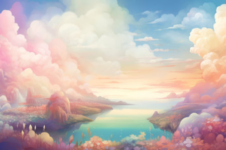 Beautiful fantasy landscape with mountains, lake and clouds. Digital illustration.の素材