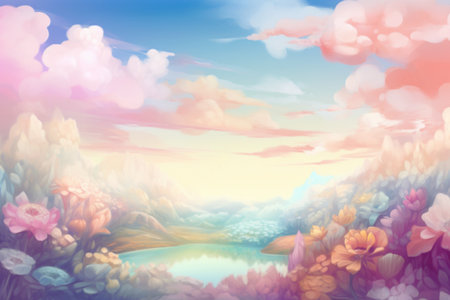 Fantasy landscape with lake, clouds and flowers. 3D illustration.の素材