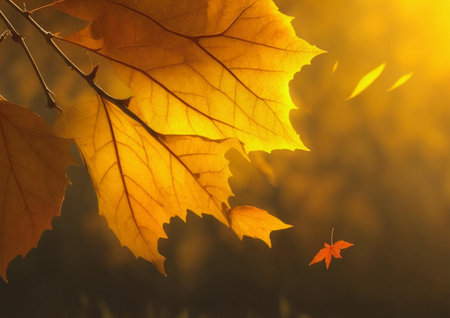 Autumn maple leaves on the background of the sun. Autumn backgroundの素材