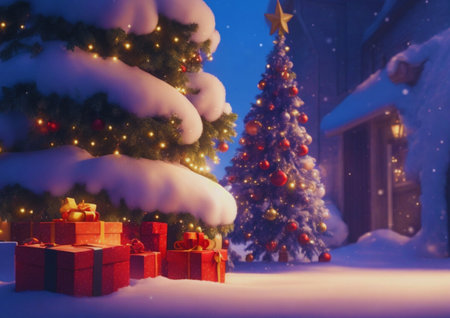 Christmas and New Year holidays background. Christmas tree with presents under the snow.の素材
