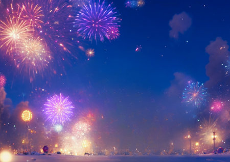 Colorful fireworks in the night sky. New Year and Christmas backgroundの素材