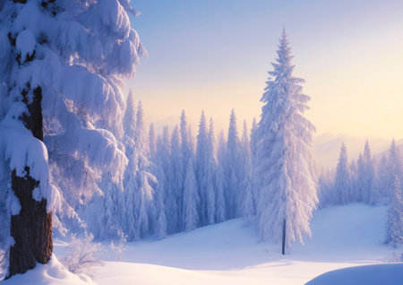 Beautiful winter landscape with snow covered trees in mountains at sunrise.の素材