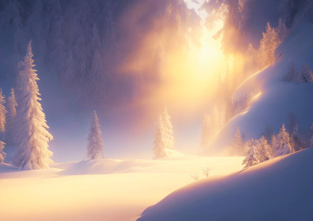Fantastic winter landscape glowing by sunlight. Dramatic wintry scene. Carpathian, Ukraine, Europe. Beauty world.の素材