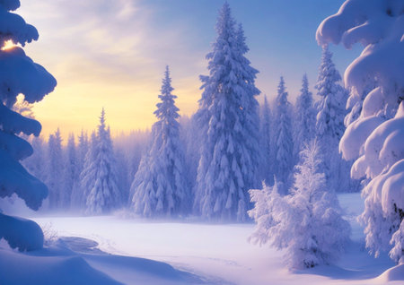 Beautiful winter landscape with snowy fir trees in the mountains at sunsetの素材