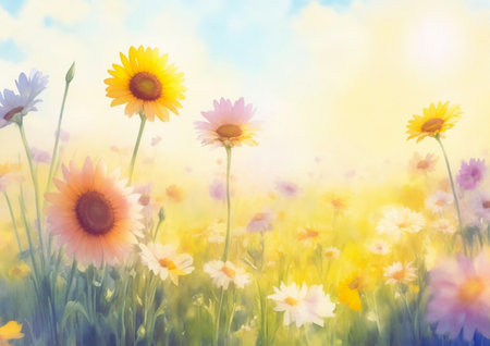 Summer meadow with sunflowers and daisies. Nature backgroundの素材