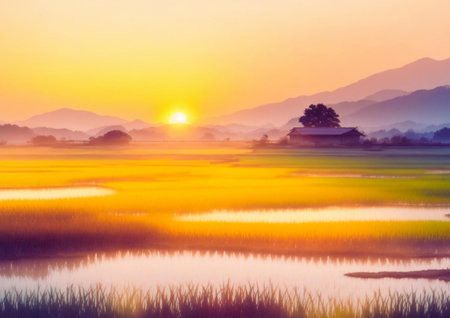 Beautiful landscape of rice field with sunrise in the morning at countryside.の素材