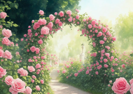 Beautiful pink roses blooming in the park. Digital painting.の素材