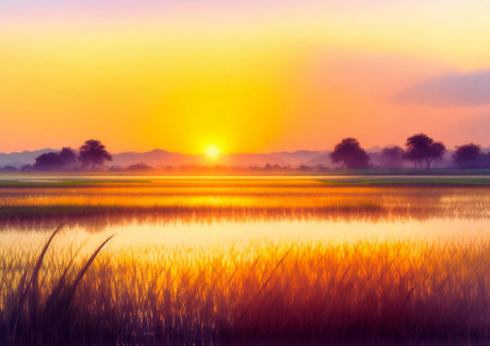 sunset on the lake with reflection in the water, nature backgroundの素材