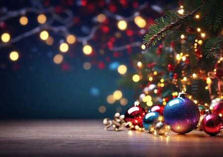 Christmas and New Year background with bokeh lights and Christmas treeの素材