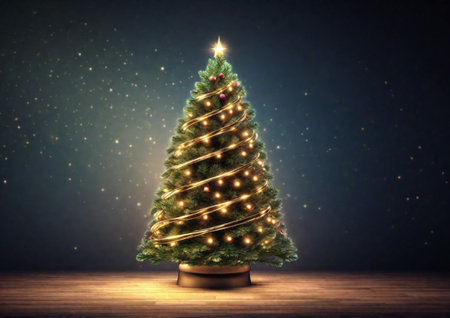 Christmas tree with glowing garland on wooden table, 3d renderの素材
