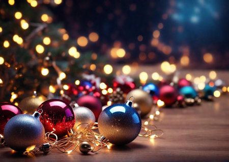 Christmas decoration on a wooden background with bokeh lights and copy spaceの素材