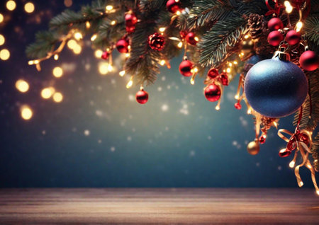Christmas greeting card. Festive decoration on bokeh background. New Year concept. Copy space.の素材