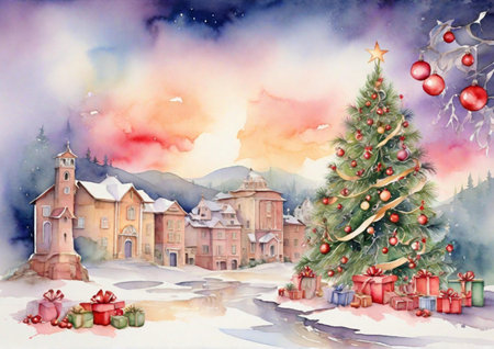 Winter village with christmas tree and gifts. Watercolor painting.の素材