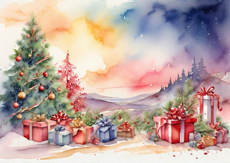 Christmas background with Christmas tree, gift boxes and snow. Watercolor illustration.の素材