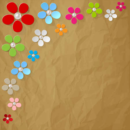 Colorful flowers pearls in the corner on a crumpled paper brown backgroundのイラスト素材