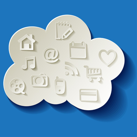 Cloud with white web icons on a blue background.のイラスト素材