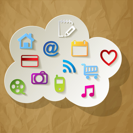 Cloud with colorful web icons on a crumpled paper brown background.のイラスト素材