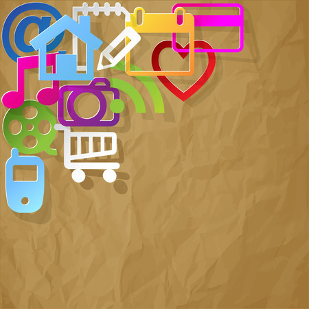 Web icons in the corner on a crumpled paper brown background.のイラスト素材