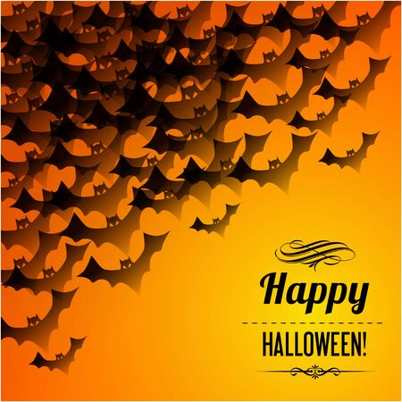 Happy Halloween postcard with black bats in the corner on a orange background.のイラスト素材