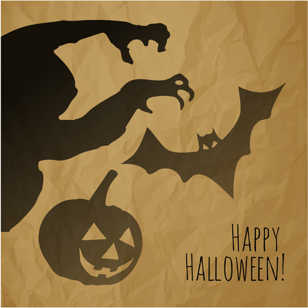 Happy Halloween postcard with monster pumpkin and bat shadows on a crumpled paper brown background.のイラスト素材