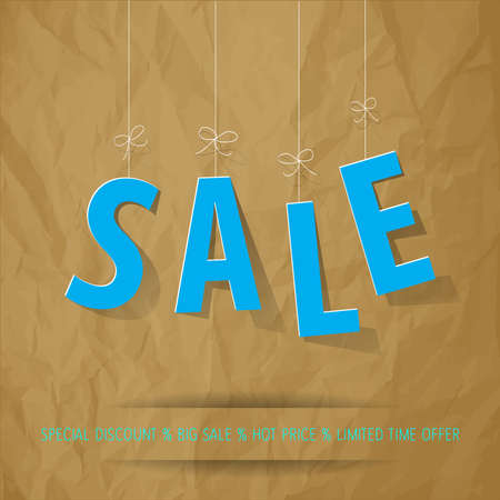 SALE paper letters neon blue on a crumpled paper brown background.のイラスト素材