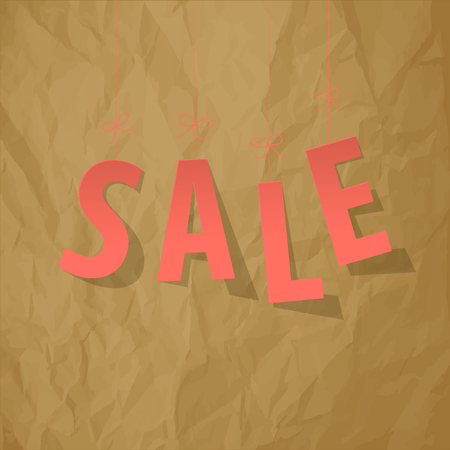 SALE paper letters Coral color hanging on threads on a crumpled paper brown backgroundのイラスト素材