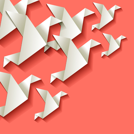 Origami paper birds white in the corner on a Coral color backgroundのイラスト素材