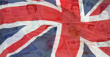 A composite of two photos by the author of English pounds and the flag of England.の写真素材