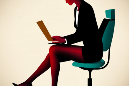 Businesswoman sitting on an office chair with a laptop in her handsの素材