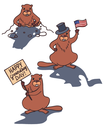 Set of three marmots. Happy Groundhog Day.のイラスト素材