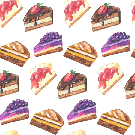Seamless pattern of pieces of cake. Hand drawn watercolor pencils.の写真素材