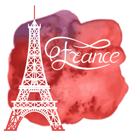 Eiffel Tower and lettering France on the background of watercolor spotのイラスト素材